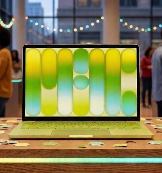 A "Citrus" yellow MacBook Neo with a color-matched keyboard sits on a wooden pedestal covered in green and yellow confetti. The screen displays a vibrant, abstract wallpaper. The background shows a festive, brightly lit retail space resembling an Apple Store, with people and string lights creating a celebratory atmosphere.