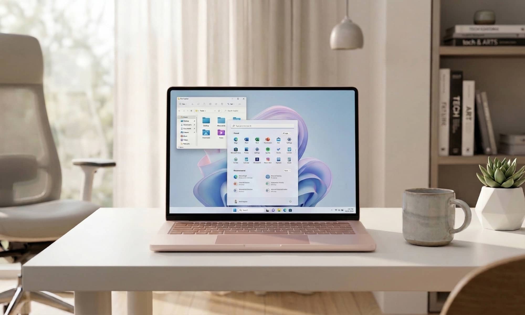 A Blush-colored MacBook Neo with a color-matched keyboard, showing a Windows 11 desktop on its notchless screen
