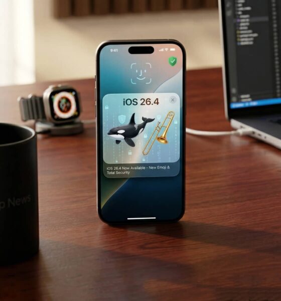A high-end lifestyle photograph of an iPhone 17 Pro on a mahogany desk, showing the iOS 26.4 update notification with detailed Orca and Trombone emojis and text announcing the security patch.