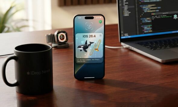 A high-end lifestyle photograph of an iPhone 17 Pro on a mahogany desk, showing the iOS 26.4 update notification with detailed Orca and Trombone emojis and text announcing the security patch.