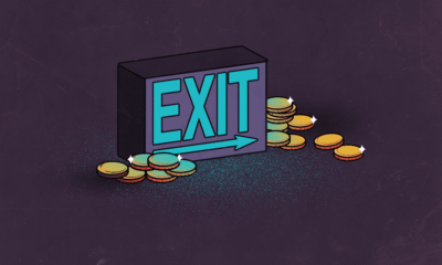 illustration of EXIT sign with gold coins scattered around it