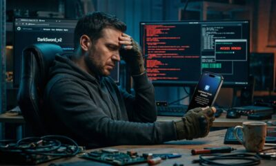 A cinematic, moody landscape photo of a shadowy figure wearing a dark hoodie, looking with visible frustration at an iPhone 17 Pro held in his hand. The iPhone screen is bright, clearly displaying the 'Lockdown Mode Enabled' splash screen with the Apple shield icon. Computer monitors in the background show failing code and access denied messages.
