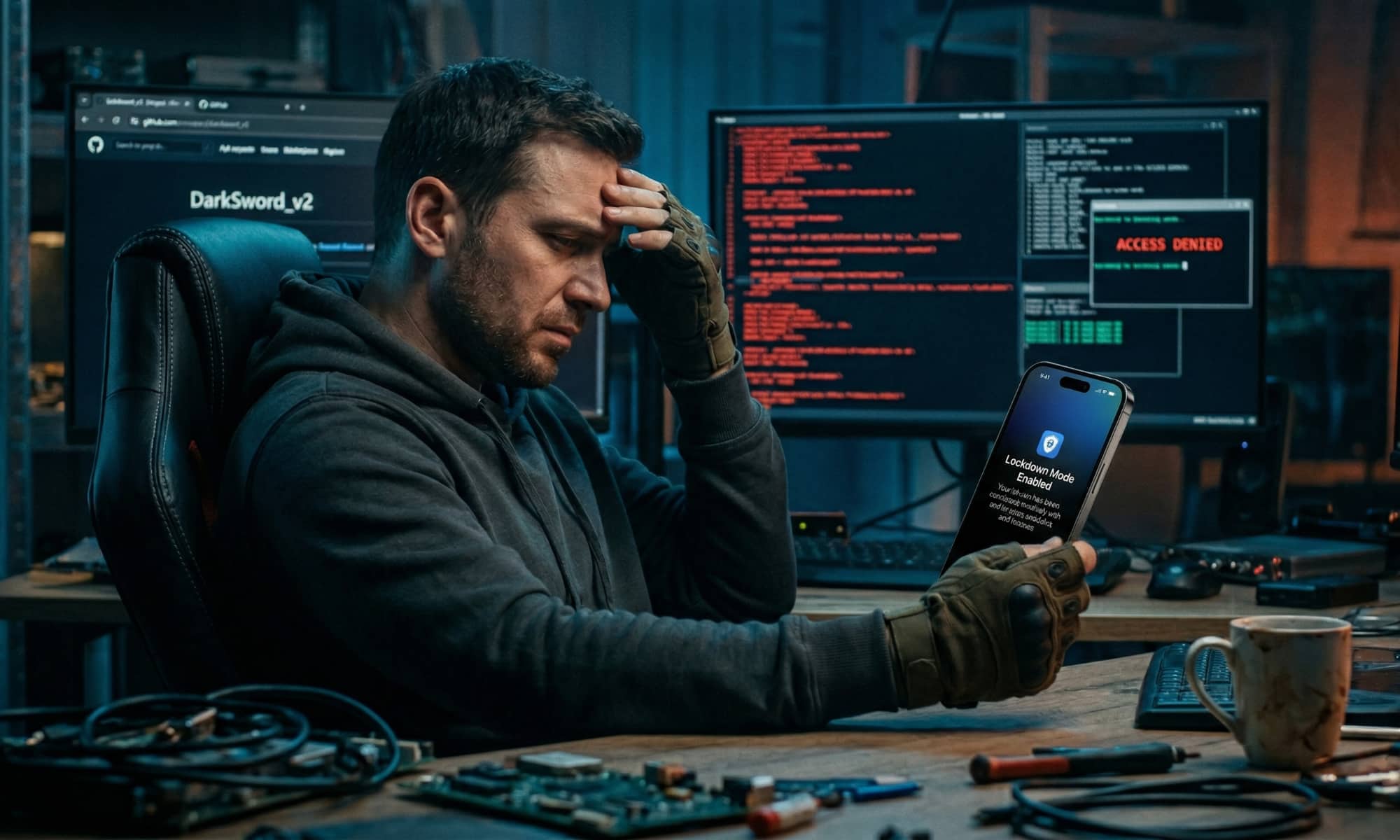 A cinematic, moody landscape photo of a shadowy figure wearing a dark hoodie, looking with visible frustration at an iPhone 17 Pro held in his hand. The iPhone screen is bright, clearly displaying the 'Lockdown Mode Enabled' splash screen with the Apple shield icon. Computer monitors in the background show failing code and access denied messages.