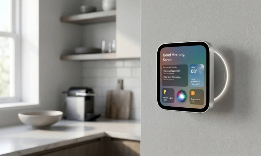 A concept image of a sleek, square Apple smart display (HomePad) magnetically attached to a modern kitchen wall, displaying a personalized dashboard with Siri, calendar appointments, weather, and home controls.