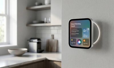A concept image of a sleek, square Apple smart display (HomePad) magnetically attached to a modern kitchen wall, displaying a personalized dashboard with Siri, calendar appointments, weather, and home controls.