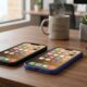 A landscape photograph showing the black iPhone 17e with a classic notch and the ultramarine blue iPhone 16 with a Dynamic Island resting side-by-side on a polished walnut office desk, next to a ceramic latte mug and a green succulent plant.