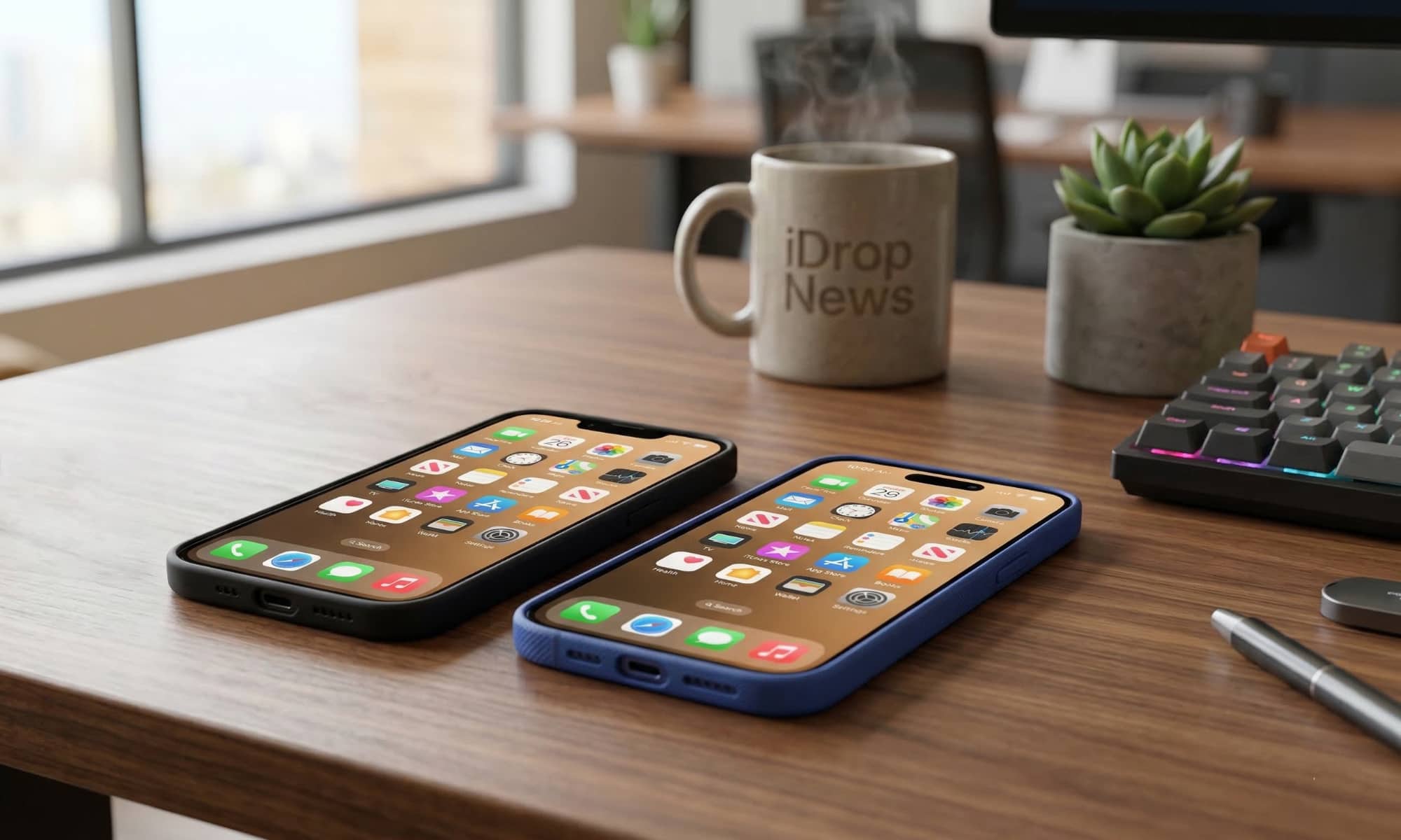 A landscape photograph showing the black iPhone 17e with a classic notch and the ultramarine blue iPhone 16 with a Dynamic Island resting side-by-side on a polished walnut office desk, next to a ceramic latte mug and a green succulent plant.