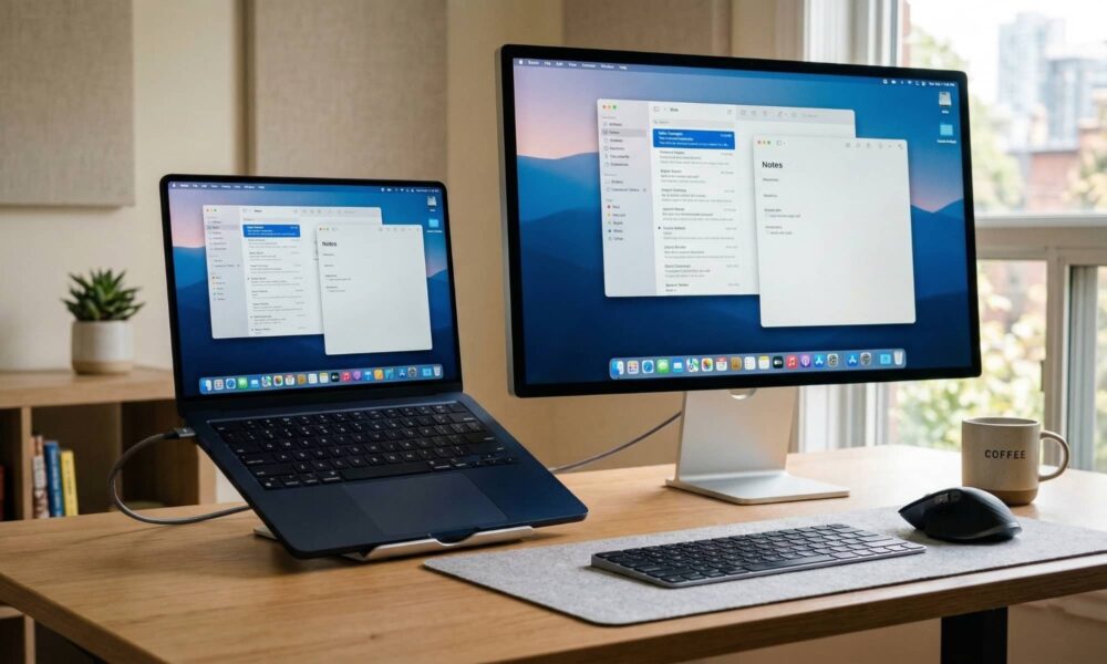 A minimalist wooden desk setup featuring the slim, closed Indigo-colored MacBook Neo sitting beside an active Apple Studio Display. A single USB-C cable connects them, with the Studio Display showing a clean macOS Tahoe interface focused on standard productivity applications.