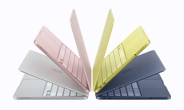 Apple MacBook Neo laptops fanned out to show the color lineup.