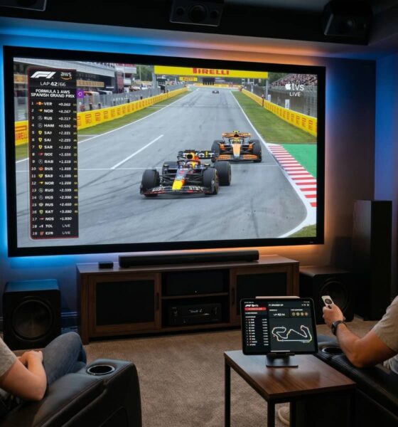 A modern living room in 2026 showcasing a huge screen displaying a Formula 1 race on Apple TV in 4K. An iPad Pro with the Apple Sports app is open on the coffee table nearby.