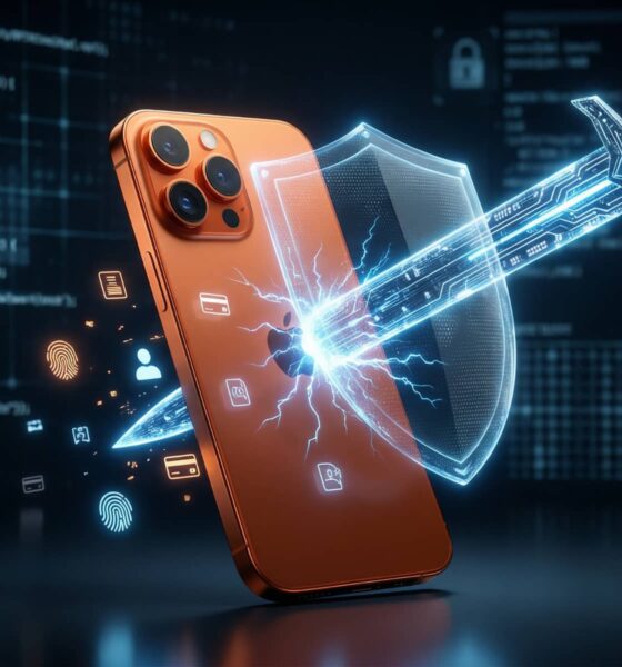 A futuristic, conceptual 3D render of an iPhone being sliced by a digital, glowing blue sword, representing the DarkSword exploit.