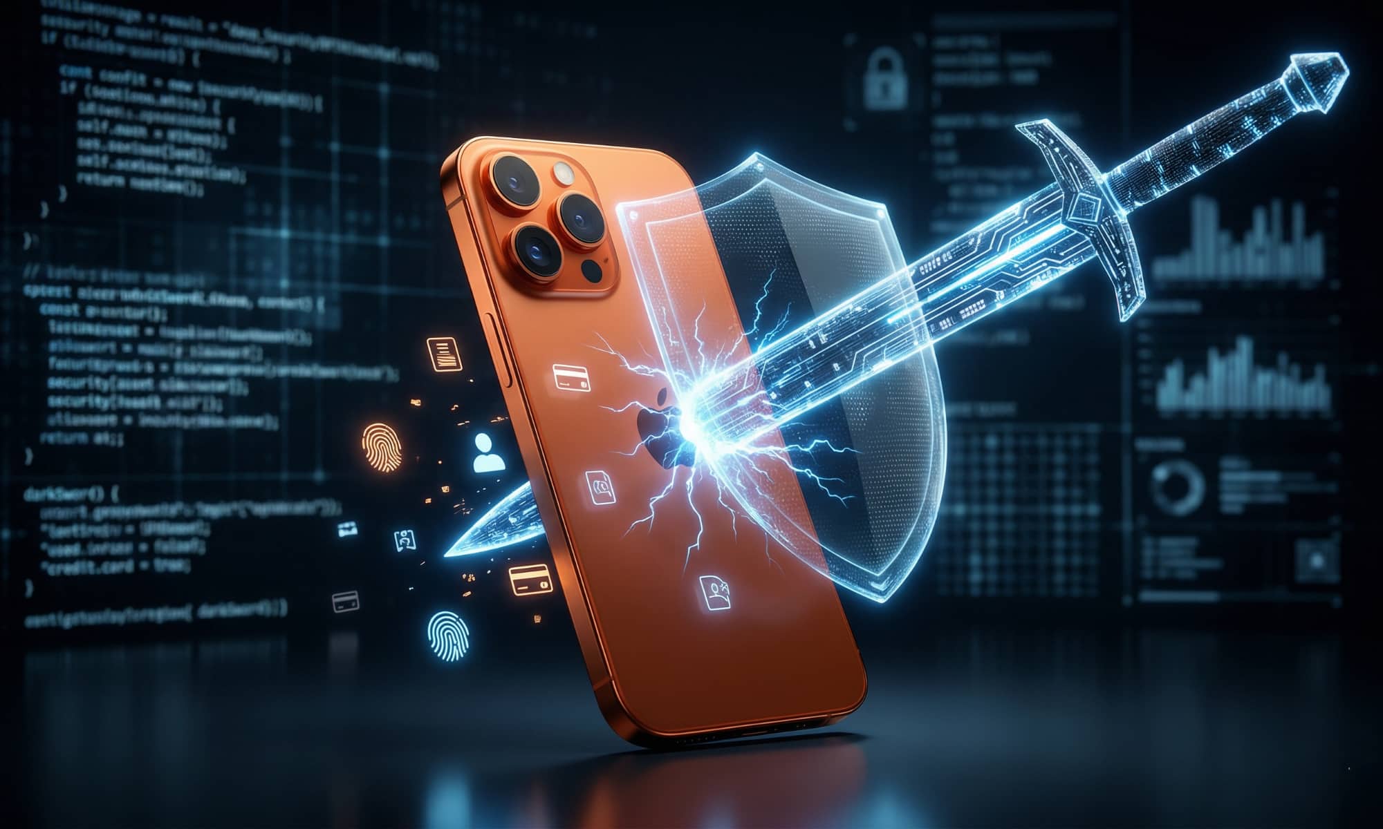 A futuristic, conceptual 3D render of an iPhone being sliced by a digital, glowing blue sword, representing the DarkSword exploit.
