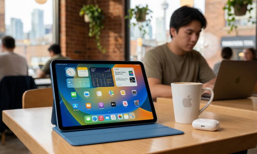 Concept image of a 12th-generation iPad in blue sitting on a wooden coffee shop table next to a latte and a pair of AirPods, showing the Liquid Glass interface of iPadOS 26.