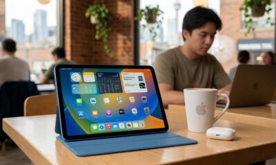 Concept image of a 12th-generation iPad in blue sitting on a wooden coffee shop table next to a latte and a pair of AirPods, showing the Liquid Glass interface of iPadOS 26.