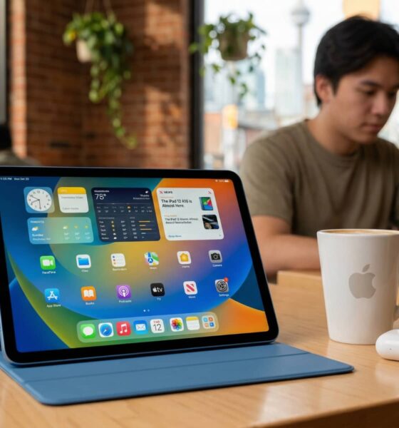 Concept image of a 12th-generation iPad in blue sitting on a wooden coffee shop table next to a latte and a pair of AirPods, showing the Liquid Glass interface of iPadOS 26.