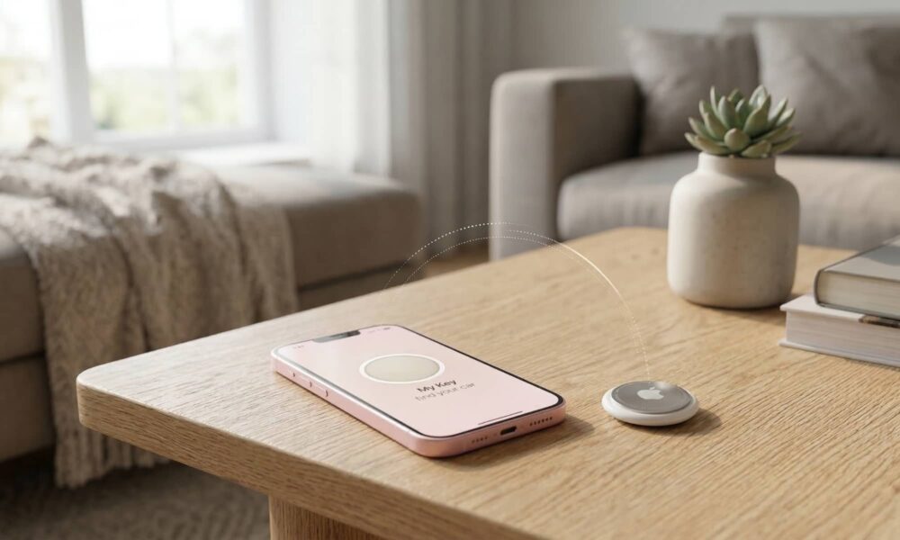 A soft pink iPhone 17e sitting on a wooden coffee table next to a 2nd-gen AirTag, with a blurred background of a modern living room.