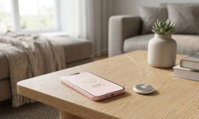 A soft pink iPhone 17e sitting on a wooden coffee table next to a 2nd-gen AirTag, with a blurred background of a modern living room.