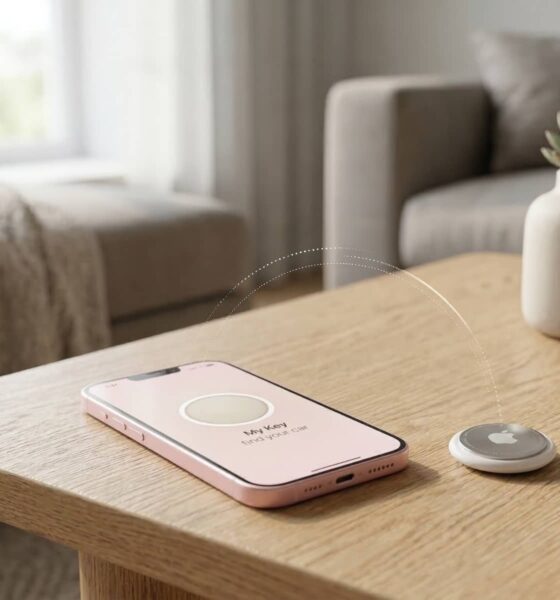 A soft pink iPhone 17e sitting on a wooden coffee table next to a 2nd-gen AirTag, with a blurred background of a modern living room.