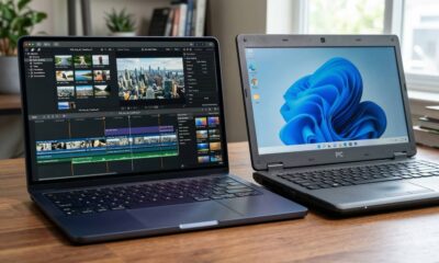 A side-by-side comparison shows the incredibly thin Indigo MacBook Neo editing 4K video in Final Cut Pro next to a significantly thicker, bulky black textured plastic budget PC laptop, highlighting the design and performance gap.