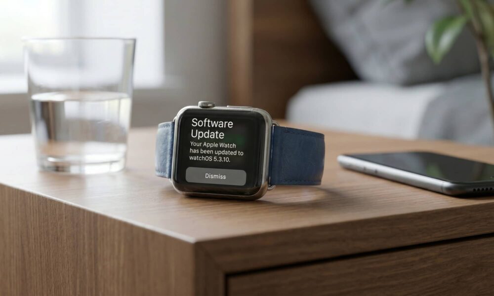 A close-up of an older Apple Watch on a wooden table, showing a successful software update notification for watchOS 5.3.10 in a home setting.