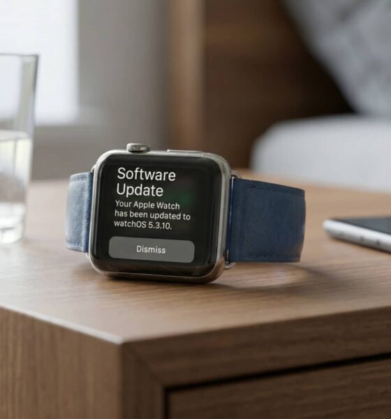 A close-up of an older Apple Watch on a wooden table, showing a successful software update notification for watchOS 5.3.10 in a home setting.