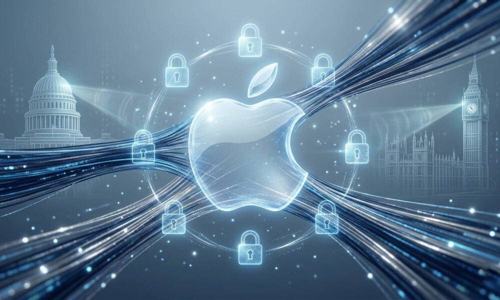 An abstract digital landscape showing a glowing 3D Apple logo protected by a crystalline shield. On either side, stylized digital representations of the US Capitol and UK Parliament tug at a glowing data stream, illustrating the jurisdictional conflict over encryption.