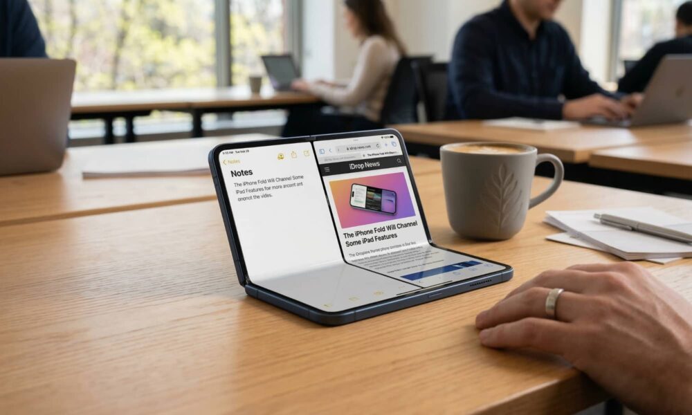 A candid lifestyle image of an open, book-style foldable iPhone sitting on a modern oak desk in a sunlit shared workspace. The device is running iOS 26, displaying two apps running side-by-side in a landscape orientation similar to an iPad, next to a ceramic latte mug. The focus is sharp on the device and the immediately surrounding desk.