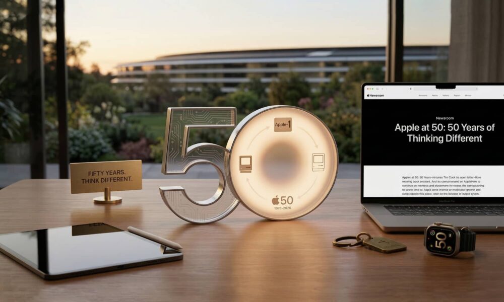 A high-end conceptual image featuring a modern Apple-designed 50th-anniversary logo subtly glowing on a wooden desk next to a sleek 2026 MacBook Neo.