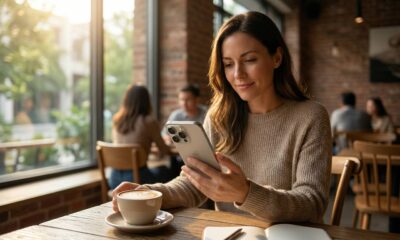 A person using an iPhone 17 Pro to read an e-book in a bright, cozy cafe setting.