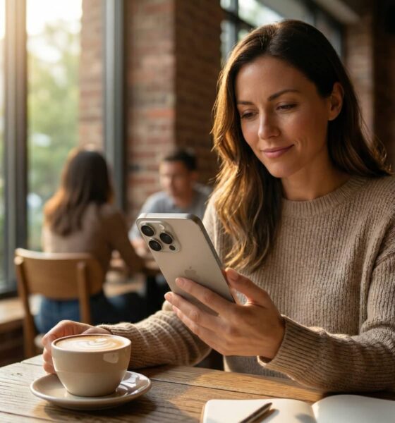 A person using an iPhone 17 Pro to read an e-book in a bright, cozy cafe setting.