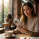 A person using an iPhone 17 Pro to read an e-book in a bright, cozy cafe setting.