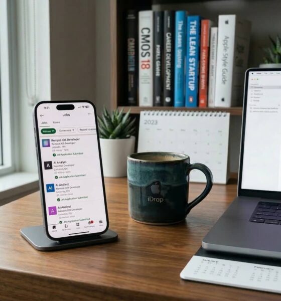 A professional workspace featuring an iPhone and a cup of coffee, representing a modern job search workflow.