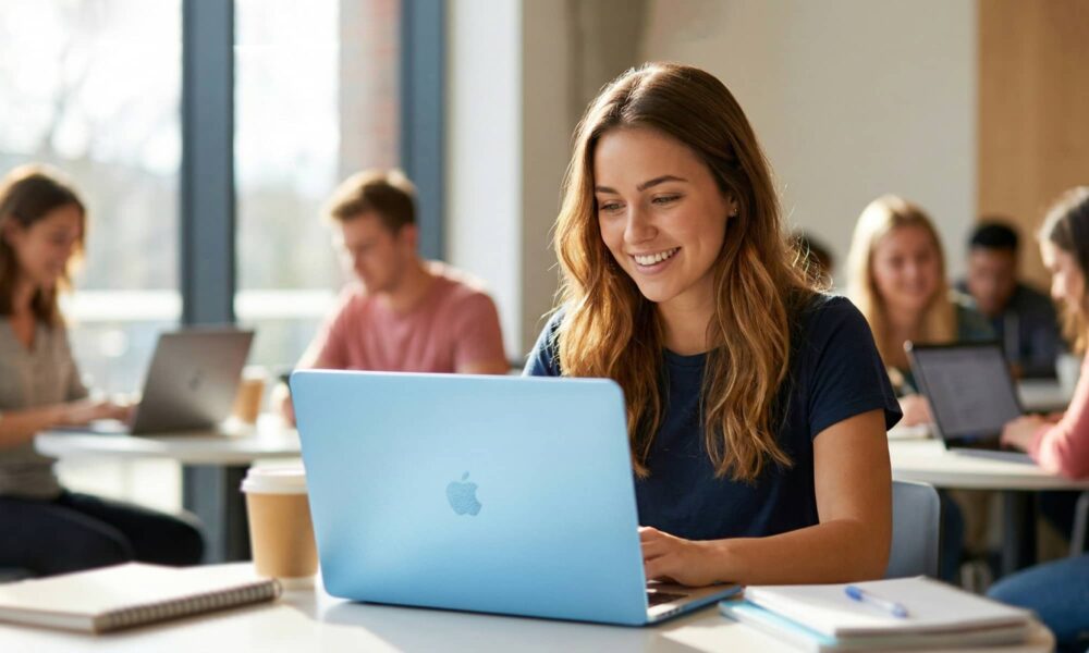 A student using a colorful new budget MacBook in a sunlit university common area.