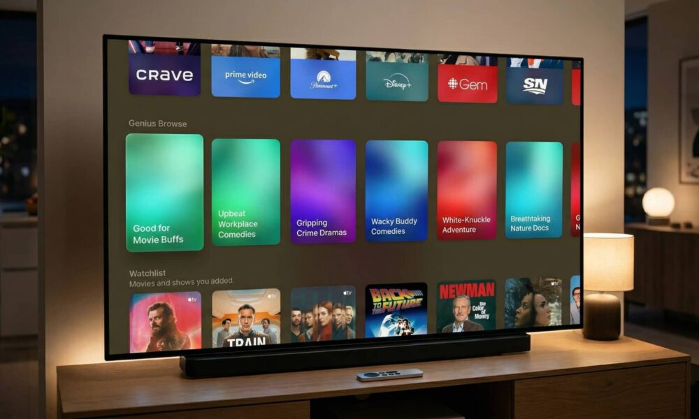 A close-up shot of a television screen showing the new Genius Browse interface in tvOS 26.4, with dynamic categories like "Action-Packed Sci-Fi" and movie posters for various films.