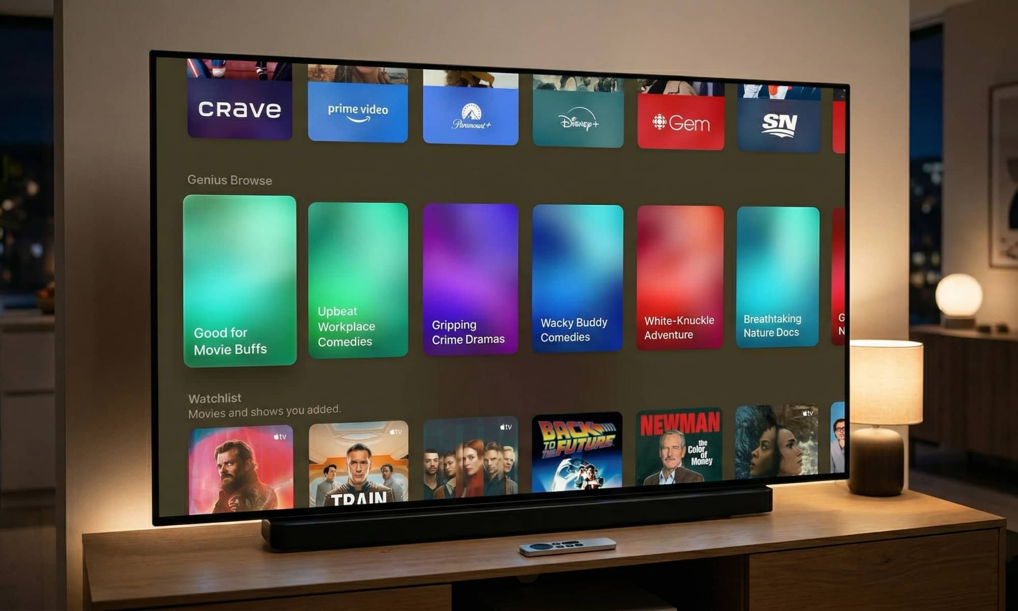 A close-up shot of a television screen showing the new Genius Browse interface in tvOS 26.4, with dynamic categories like "Action-Packed Sci-Fi" and movie posters for various films.