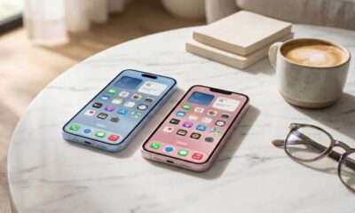 A side-by-side comparison of the iPhone 17 and iPhone 17e resting on a marble coffee table next to a latte, showcasing the slightly different screen sizes and camera layouts.