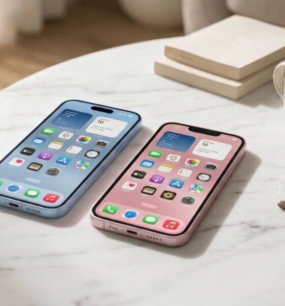 A side-by-side comparison of the iPhone 17 and iPhone 17e resting on a marble coffee table next to a latte, showcasing the slightly different screen sizes and camera layouts.