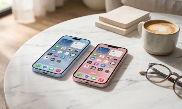 A side-by-side comparison of the iPhone 17 and iPhone 17e resting on a marble coffee table next to a latte, showcasing the slightly different screen sizes and camera layouts.