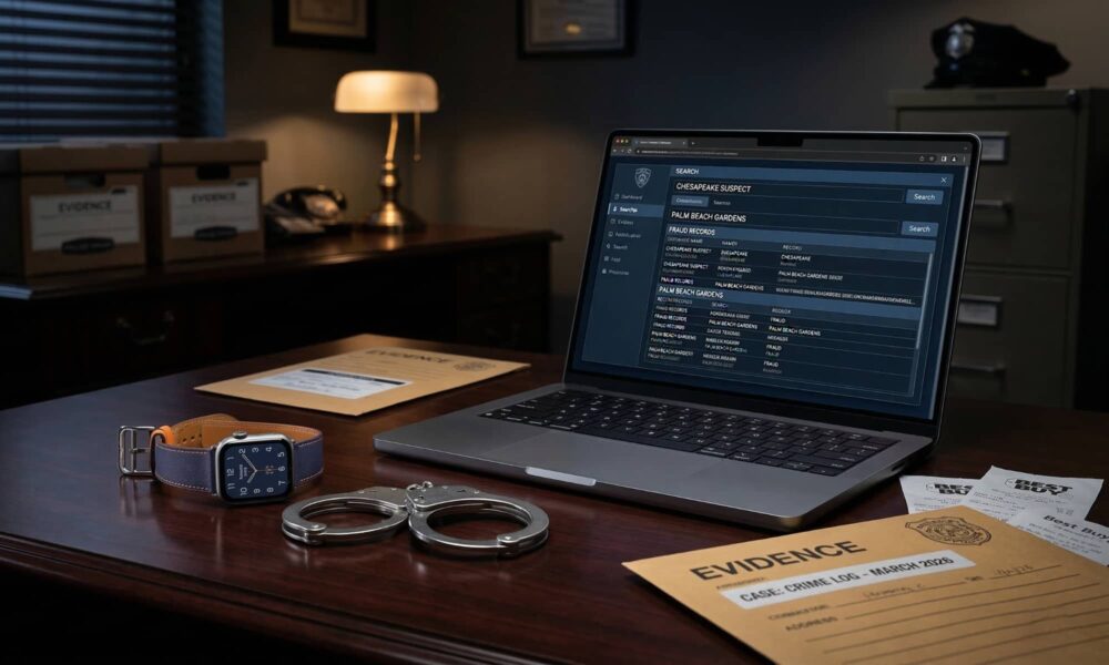 A conceptual lifestyle shot featuring an Apple Watch and MacBook alongside handcuffs to represent the Apple Crime Log.