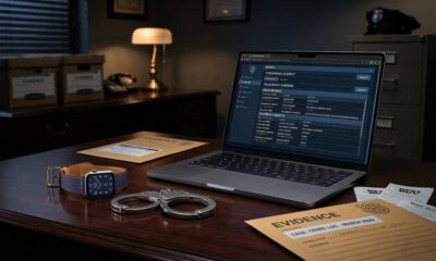 A conceptual lifestyle shot featuring an Apple Watch and MacBook alongside handcuffs to represent the Apple Crime Log.
