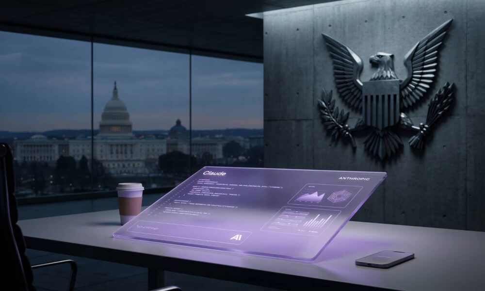 An abstract representation of the Anthropic Claude AI interface set against the official seal of the United States Department of War.