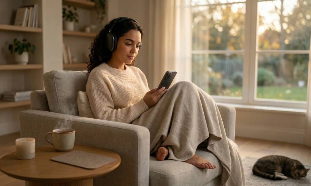 A woman relaxing in a cozy, sunlit living room, wearing AirPods Max and reading on her iPhone 17 Pro. The setting is peaceful and distraction-free, featuring a steaming mug of coffee and a sleeping cat, illustrating the benefits of using Focus Modes in iOS 26.