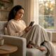 A woman relaxing in a cozy, sunlit living room, wearing AirPods Max and reading on her iPhone 17 Pro. The setting is peaceful and distraction-free, featuring a steaming mug of coffee and a sleeping cat, illustrating the benefits of using Focus Modes in iOS 26.