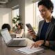 A focused professional woman in a grey blazer stands at a wooden office desk, holding a modern smartphone in her right hand while pointing with her left index finger at a printed document on the desk. An open laptop displaying a spreadsheet rests nearby. In the background, other colleagues collaborate, and a large window provides a view of the Toronto city skyline, including the CN Tower.