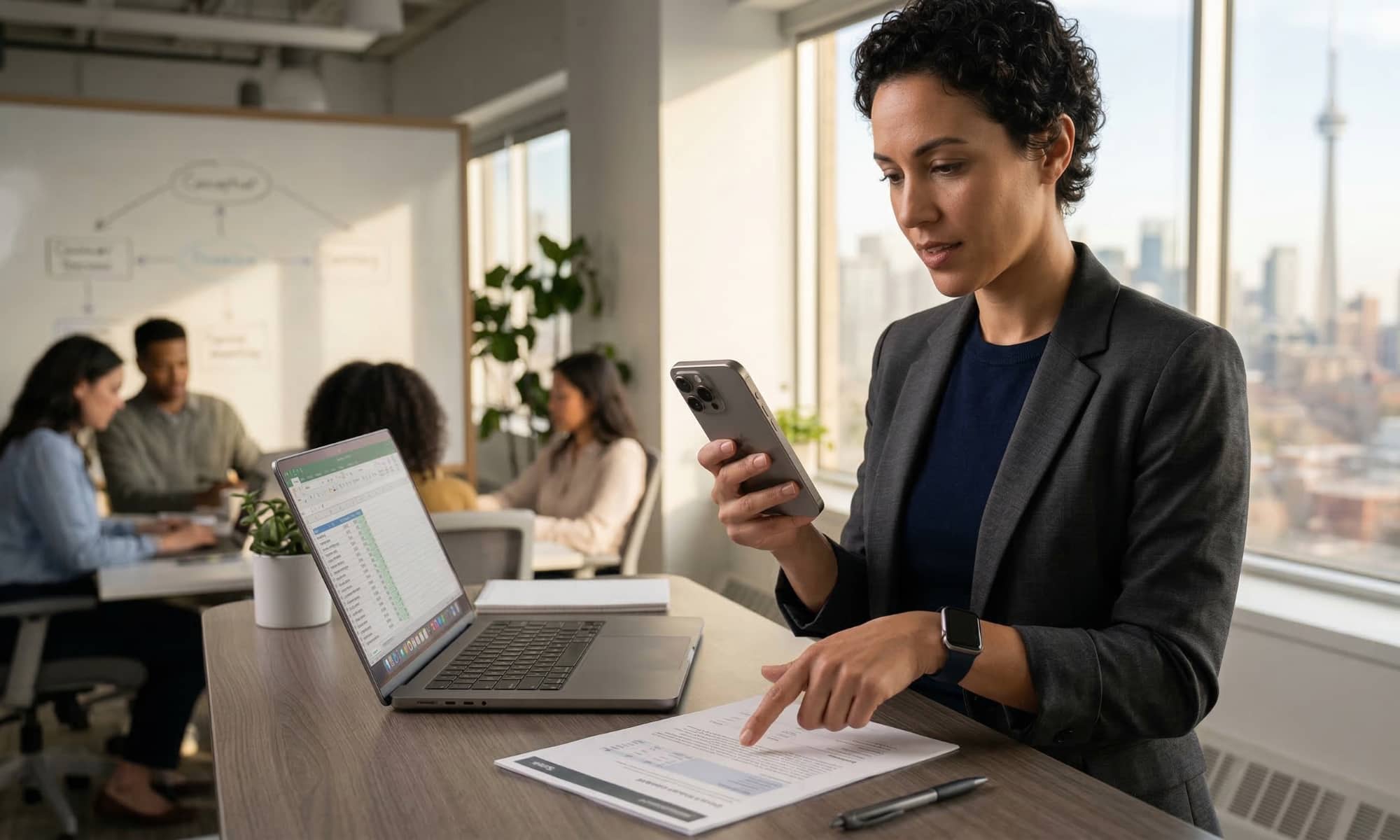 A focused professional woman in a grey blazer stands at a wooden office desk, holding a modern smartphone in her right hand while pointing with her left index finger at a printed document on the desk. An open laptop displaying a spreadsheet rests nearby. In the background, other colleagues collaborate, and a large window provides a view of the Toronto city skyline, including the CN Tower.