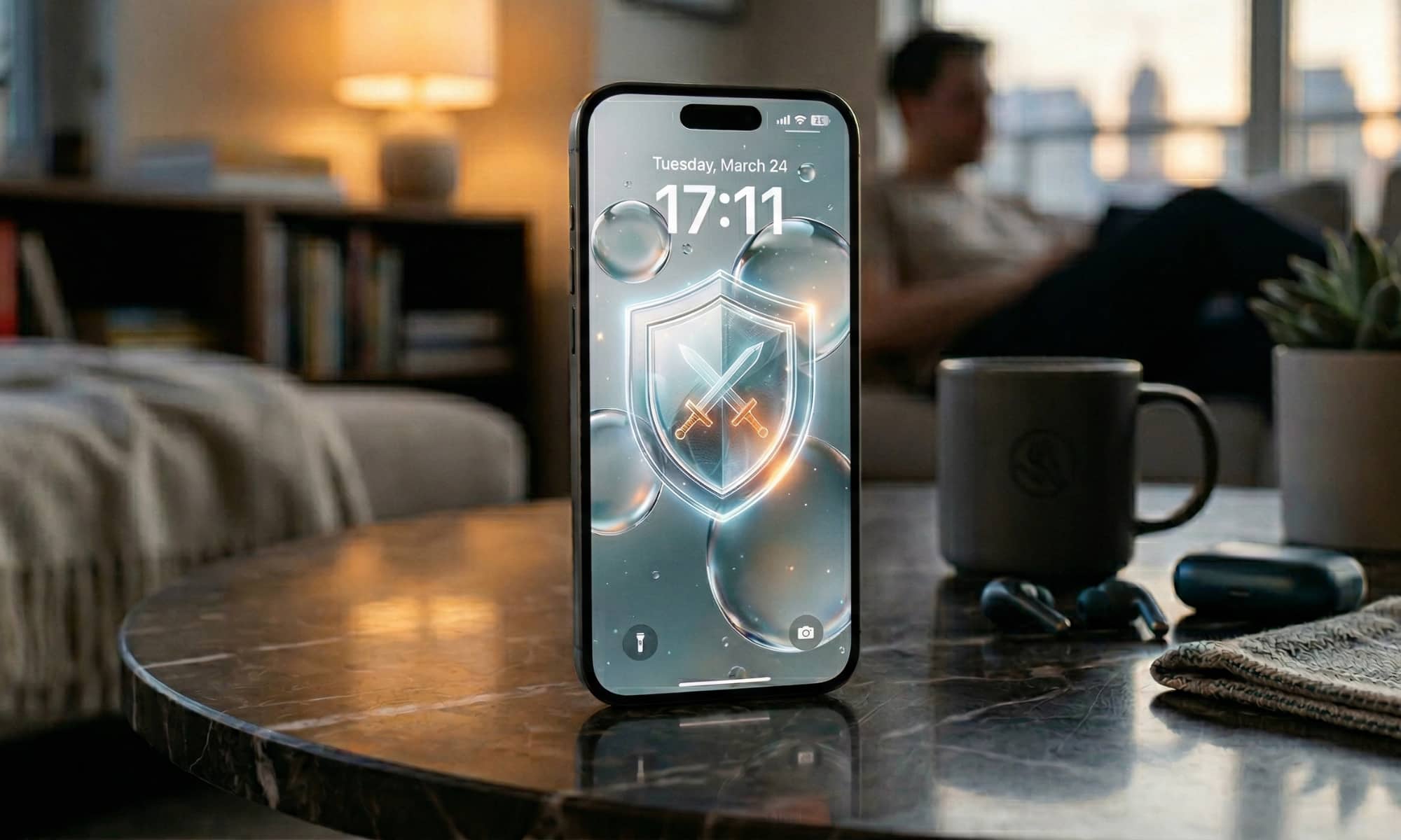 An iPhone 17 Pro on a dark marble table showing an abstract, glowing shield on the Liquid Glass display, representing protection against the DarkSword security exploit