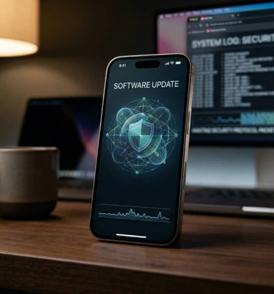 An iPhone on a wooden desk displays a glowing, abstract security shield graphic, representing the iOS 18 DarkSword update. A coffee mug and blurred computer monitor are in the background.