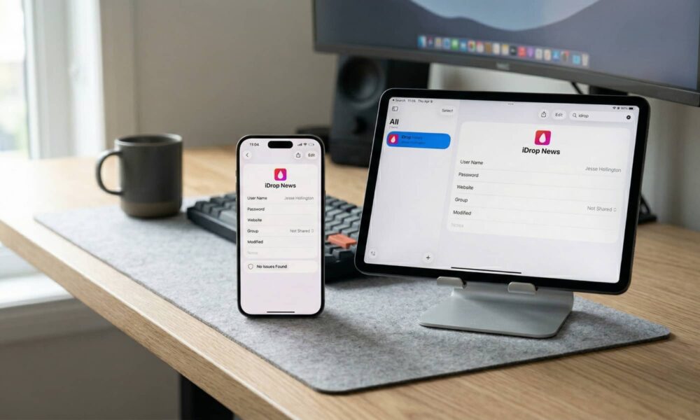 An iPhone 17 Pro and a 13-inch iPad Pro side-by-side on a felt desk mat, both displaying the identical 'iDrop News' entry within the Apple Passwords app, confirming successful iCloud synchronization.