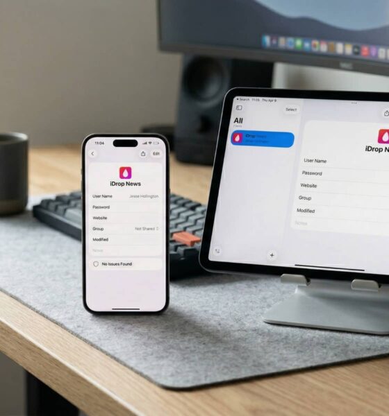 An iPhone 17 Pro and a 13-inch iPad Pro side-by-side on a felt desk mat, both displaying the identical 'iDrop News' entry within the Apple Passwords app, confirming successful iCloud synchronization.