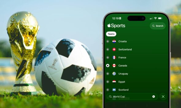 iPhone Showing Apple Sports app with FIFA 2026 World Cup Countries against a FIFA trophy and ball sitting on a field.